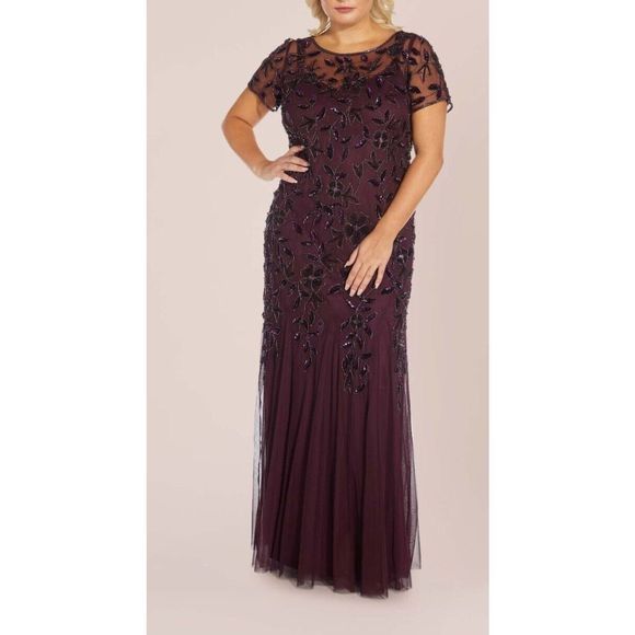Adrianna Papell Plus Sz 16W Night Plum Hand Beaded S/S Floral Godet Gown $379 - Picture 9 of 10